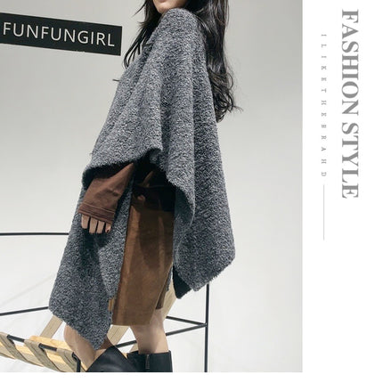 Grey Premium Knitted Wool Blend Poncho - Elegant Thickened Drape Shawl & Cape Cardigan Coat