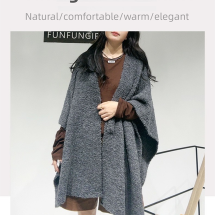 Grey Premium Knitted Wool Blend Poncho - Elegant Thickened Drape Shawl & Cape Cardigan Coat