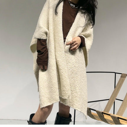Beige Premium Knitted Wool Blend Poncho - Elegant Thickened Drape Shawl & Cape Cardigan Coat