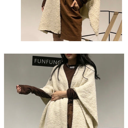 Beige Premium Knitted Wool Blend Poncho - Elegant Thickened Drape Shawl & Cape Cardigan Coat