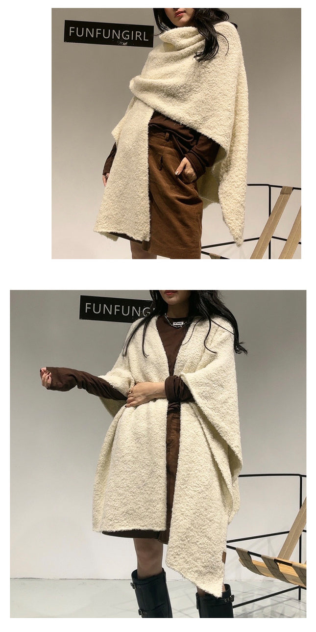 Beige Premium Knitted Wool Blend Poncho – product detail