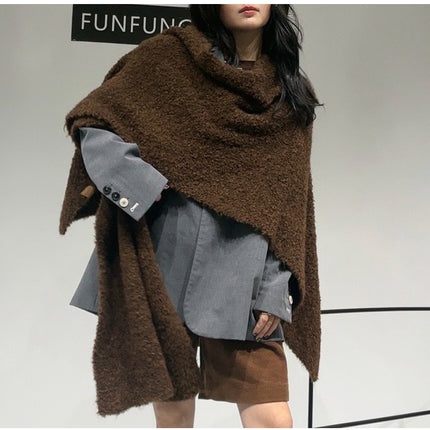 Brown Premium Knitted Wool Blend Poncho - Elegant Thickened Drape Shawl & Cape Cardigan Coat