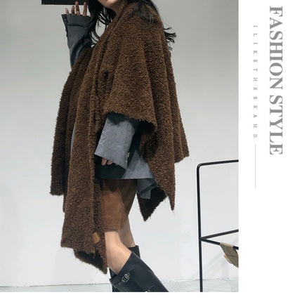 Brown Premium Knitted Wool Blend Poncho - Elegant Thickened Drape Shawl & Cape Cardigan Coat
