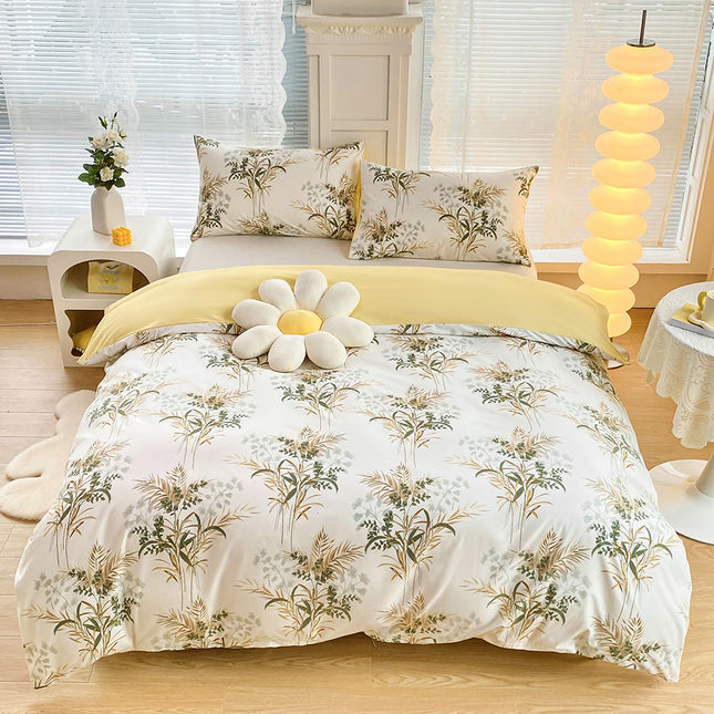 4-Piece Elegant Yellow Bouquet Printed Soft-Touch Brushed Bedding Set for 1.5M Bed 175 x 220