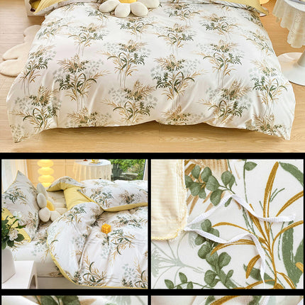 4-Piece Elegant Yellow Bouquet Printed Soft-Touch Brushed Bedding Set for 1.5M Bed: 175 x 220 CM Duvet Cover, 150 x 200 (+25) CM Deep Pocket Fitted Sheet & 2PC 50 x 75 CM Pillowcases