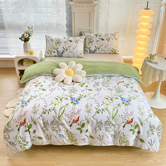 4-Piece Elegant Green Bouquet Printed Soft-Touch Brushed Bedding Set for 1.8M Bed 200 x 230