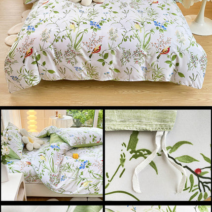 4-Piece Elegant Green Bouquet Printed Soft-Touch Brushed Bedding Set for 1.8M Bed: 200 x 230 CM Duvet Cover, 180 x 200 (+25) CM Deep Pocket Fitted Sheet & 2PC 50 x 75 CM Pillowcases