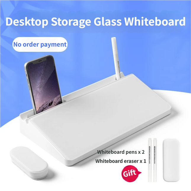 White Slanted Glass Memo Board & Desktop Organizer with 2 Markers & Residue-Free Eraser