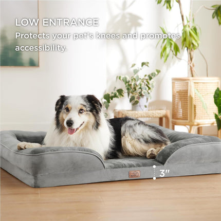 Brown Waterproof Egg-Crate Foam Therapeutic Pet Sofa Bed and Fleece Lounge (XL Size 110 x 82 x 17 CM) - Low Entry, High Bolster Support & Zipper Removable Cover