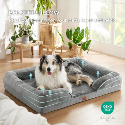 Beige Waterproof Egg-Crate Foam Therapeutic Pet Sofa Bed and Fleece Lounge (M Size 74 x 53 x 17 CM) - Low Entry, High Bolster Support & Zipper Removable Cover