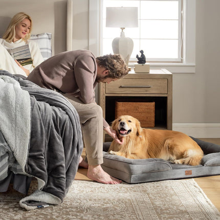 Beige Waterproof Egg-Crate Foam Therapeutic Pet Sofa Bed and Fleece Lounge (L Size 91 x 69 x 17 CM) - Low Entry, High Bolster Support & Zipper Removable Cover