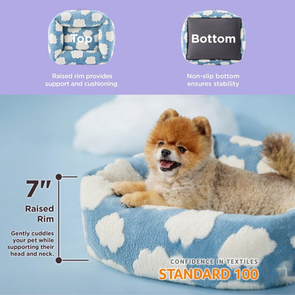 63x53x17 CM Cute Square Plush Pet Bed with Removable Cover & 5 Bolsters Support - Green Daisies Machine Washable Calming Dog & Cat Sofa