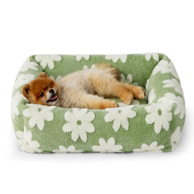 91x68x20 CM Cute Square Plush Pet Bed with Removable Cover & 5 Bolsters Support