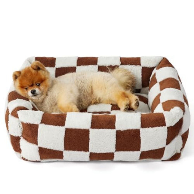 76x60x20 CM Cute Square Plush Pet Bed with Removable Cover & 5 Bolsters Support