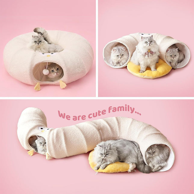 White Cute Foldable Cat Tunnel Bed with Dual-Zipper Detachable & Connectable Design V888-ELOSUNG49480