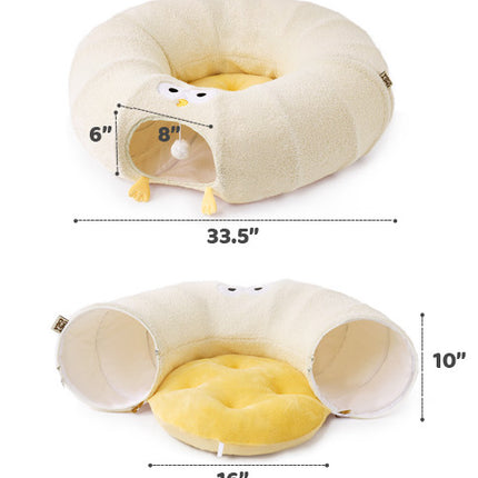 White Cute Foldable Cat Tunnel Bed with Dual-Zipper Detachable & Connectable Design - 2-in-1 Versatile Circular Doughnut Nest & S-Curve Play Center, Easy Fold-Away Storage (85x85x26CM)