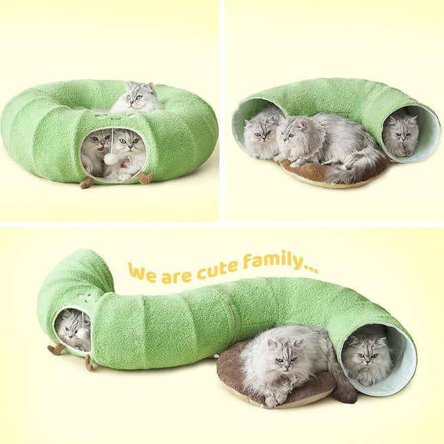 Green Cute Foldable Cat Tunnel Bed with Dual-Zipper Detachable & Connectable Design V888-ELOSUNG49481