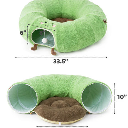 Green Cute Foldable Cat Tunnel Bed with Dual-Zipper Detachable & Connectable Design - 2-in-1 Versatile Circular Doughnut Nest & S-Curve Play Center, Easy Fold-Away Storage (85x85x26CM)