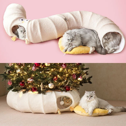 Green Cute Foldable Cat Tunnel Bed with Dual-Zipper Detachable & Connectable Design - 2-in-1 Versatile Circular Doughnut Nest & S-Curve Play Center, Easy Fold-Away Storage (85x85x26CM)