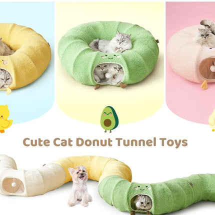 Yellow Cute Foldable Cat Tunnel Bed with Dual-Zipper Detachable & Connectable Design - 2-in-1 Versatile Circular Doughnut Nest & S-Curve Play Center, Easy Fold-Away Storage (85x85x26CM)