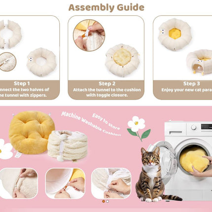 Yellow Cute Foldable Cat Tunnel Bed with Dual-Zipper Detachable & Connectable Design - 2-in-1 Versatile Circular Doughnut Nest & S-Curve Play Center, Easy Fold-Away Storage (85x85x26CM)