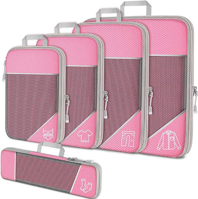 Pink Waterproof Travel Compression Packing Cube Set of 5 Sizes with Carry Handles