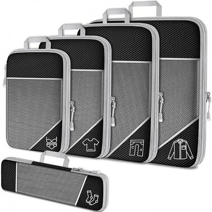 Black Waterproof Travel Compression Packing Cube Set of 5 Sizes with Carry Handles - 50% Space Saving Breathable Nylon Luggage Organizer