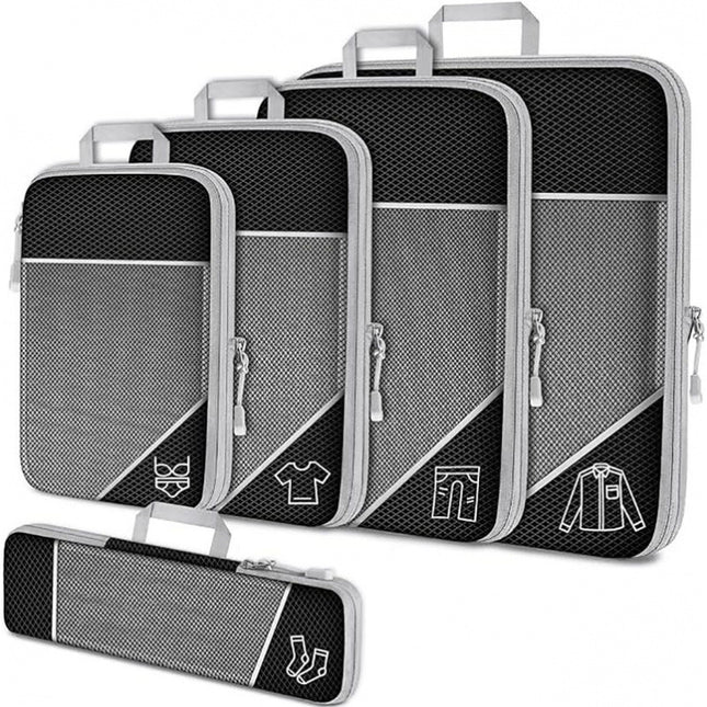 Black Waterproof Travel Compression Packing Cube Set of 5 Sizes with Carry Handles