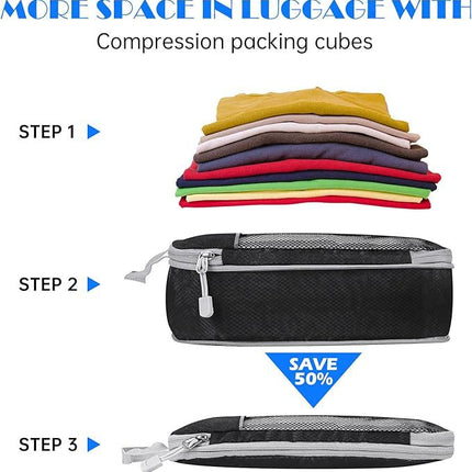 Black Waterproof Travel Compression Packing Cube Set of 5 Sizes with Carry Handles - 50% Space Saving Breathable Nylon Luggage Organizer