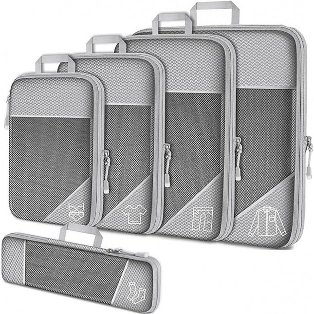 Grey Waterproof Travel Compression Packing Cube Set of 5 Sizes with Carry Handles