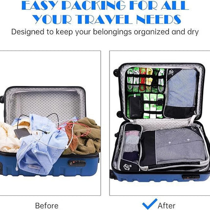 Green Waterproof Travel Compression Packing Cube Set of 5 Sizes with Carry Handles - 50% Space Saving Breathable Nylon Luggage Organizer