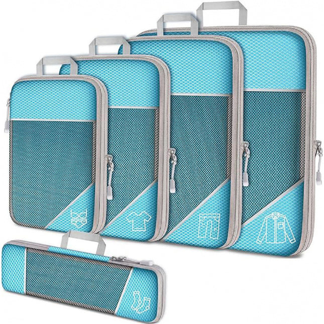 Blue Waterproof Travel Compression Packing Cube Set of 5 Sizes with Carry Handles