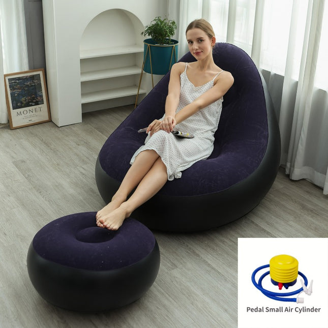 Dark Blue Inflatable Flocked Lounge Chair & Ottoman Set with Foot Pump