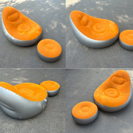 Orange Inflatable Flocked Lounge Chair & Ottoman Set with Foot Pump - Portable Ergonomic S-shaped Air Lounger for Indoor & Outdoor