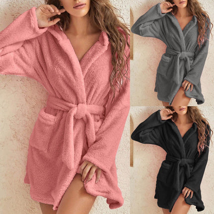 Pink M Size Women's Ultra-Thick Plush Robe with Large Hood & Pockets  - Warm Winter Double-Layer Sherpa Fleece Lounge, Bathrobe & Nightwear
