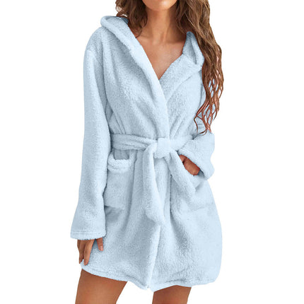 Blue 2XL Size Women's Ultra-Thick Plush Robe with Large Hood & Pockets  - Warm Winter Double-Layer Sherpa Fleece Lounge, Bathrobe & Nightwear