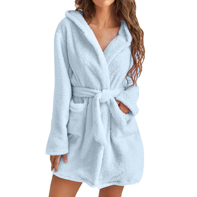 Blue 2XL Size Women's Ultra-Thick Plush Robe with Large Hood & Pockets