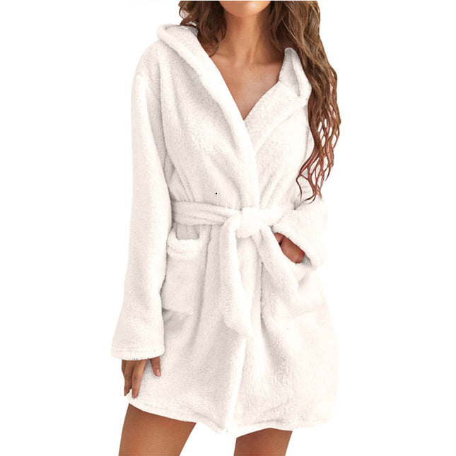 White 5XL Size Women's Ultra-Thick Plush Robe with Large Hood & Pockets