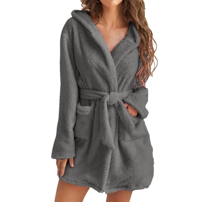 Dark Grey M Size Women's Ultra-Thick Plush Robe with Large Hood & Pockets