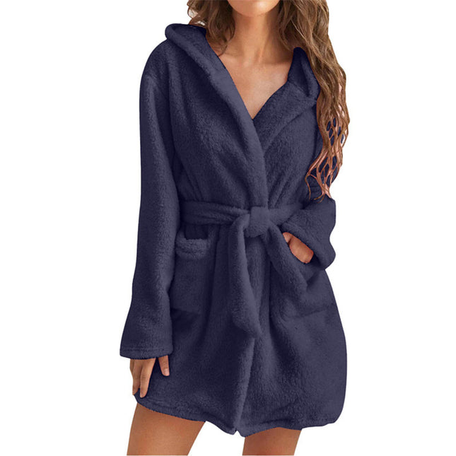 Dark Blue 5XL Size Women's Ultra-Thick Plush Robe with Large Hood & Pockets