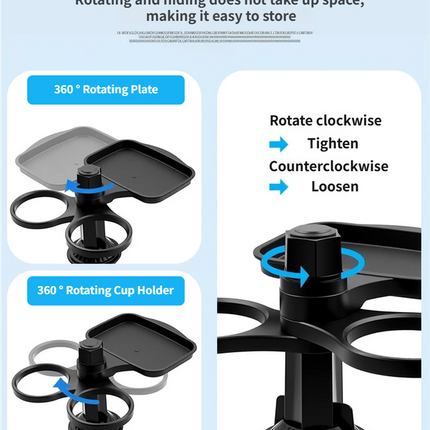 3-in-1 Car Rotating Dinner Tray & Double Cup Holder with Secure Phone Mount - Car Cup Slot Swivel Expander and Snacks & Drinks Organizer