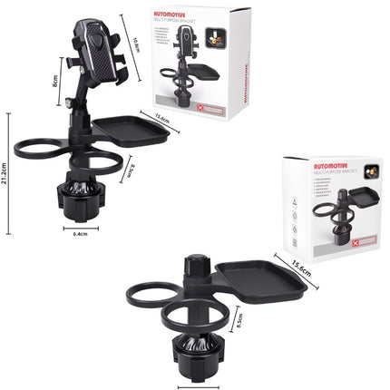 2-Pack (2-in-1 Standard Version & 3-in-1 Pro Phone Mount Version) Car Rotating Dinner Tray & Double Cup Holder with Secure Phone Mount - Car Cup Slot Swivel Expander and Snacks & Drinks Organizer