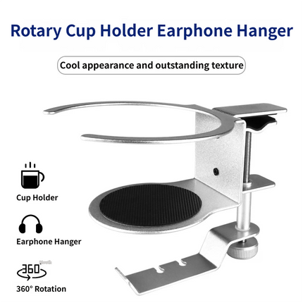 2-in-1 Under-Desk Metal Headphone Hanger &  Anti-Spill Cup Holder - No-Drill Heavy-Duty Desk Adjustable Clamp and 360° Swivel Hook