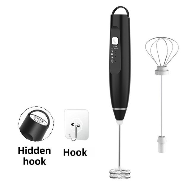 Black Wireless 3-Speed Milk Frother & Egg Whisk with Dual Mixing Heads & Hidden Hook