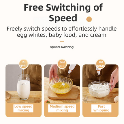 Black Wireless 3-Speed Milk Frother & Egg Whisk with Dual Mixing Heads & Hidden Hook - Handheld USB Rechargeable Foam Maker for Coffee, Cream & Baking