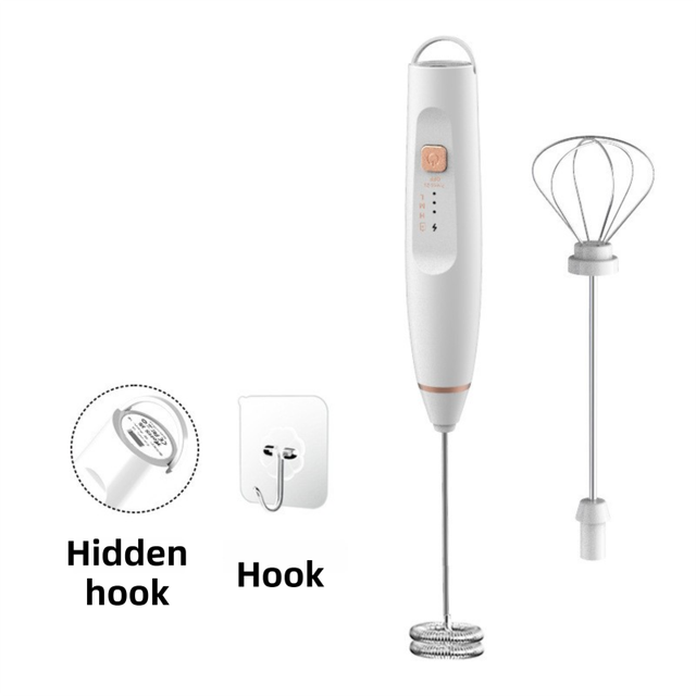 White Wireless 3-Speed Milk Frother & Egg Whisk with Dual Mixing Heads & Hidden Hook