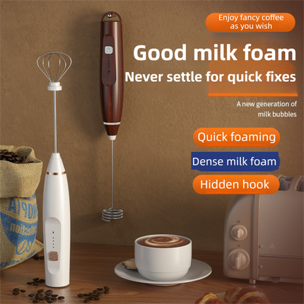 White Wireless 3-Speed Milk Frother & Egg Whisk with Dual Mixing Heads & Hidden Hook - Handheld USB Rechargeable Foam Maker for Coffee, Cream & Baking