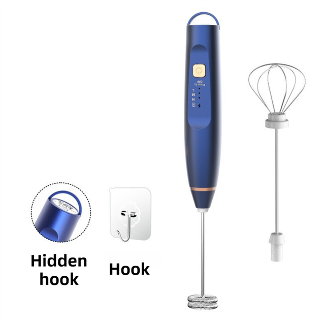 Blue Wireless 3-Speed Milk Frother & Egg Whisk with Dual Mixing Heads & Hidden Hook