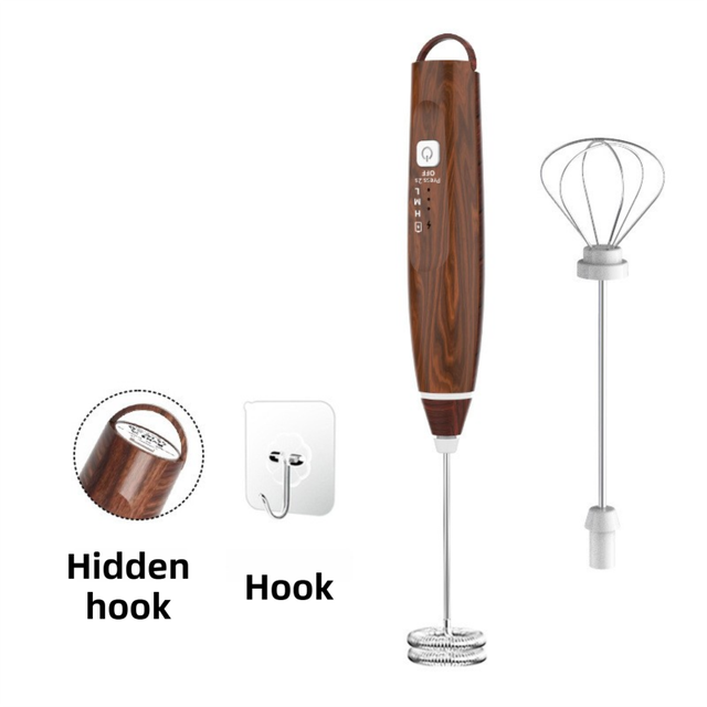 Wood Grain Wireless 3-Speed Milk Frother & Egg Whisk with Dual Mixing Heads & Hidden V888-ELOSUNG49552