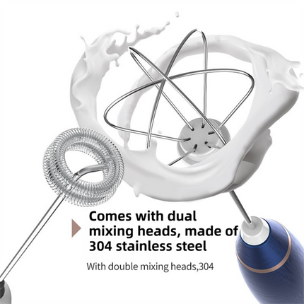 Wood Grain Wireless 3-Speed Milk Frother & Egg Whisk with Dual Mixing Heads & Hidden Hook - Handheld USB Rechargeable Foam Maker for Coffee, Cream & Baking